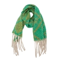 Detail of green and yellow checkered scarf with long beige fringes and soft knit texture - Double Line Plaid Green