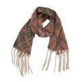 Detail of checkered plaid scarf with salmon pink and green patterns and thick fringe - Double Line Plaid Cinnabar Red
