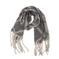 Detail shot of the thick knit texture and long tassels on a grey checkered winter scarf - Double Line Plaid Dark Grey