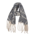 Close-up of knit scarf with grey checkered pattern and thick fringe tassels - Double Line Plaid Light Grey