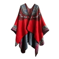 Detail of red jacquard shawl featuring intricate bohemian geometric knitting patterns - 150x130cm / Red