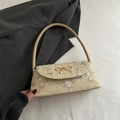 Borsa in paglia beige chiaro con ricami floreali e chiusura a fiocco dorato - Cachi