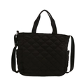 Chic black quilted tote bag with dual handles and adjustable strap on white background - Black