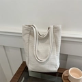 Beige herringbone canvas tote bag with large capacity and minimalist shoulder strap design - Chevron / White