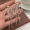Handmade beaded bow tassel earrings with golden heart studs and soft pink beads - Gold Tassel Earrings (Pink Transparent Beads)