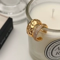 Detail of double-layer gold ear cuffs with vintage hammered finish and paved zircons - Micro Pave Zircon Gold Ear Cuff