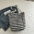 Bolso tote grande de lona a rayas blancas y negras con asas de cuerda de algodón casuales - Negro