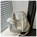 Detail of light green woven canvas tote with white leather handles and cloud pendant - With Pendant / Green
