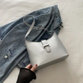 Minimalist silver crescent hobo shoulder bag in metallic finish with chain strap details - Silver