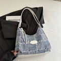 Blue and white woven hobo bag with white leather straps and a minimalist stripe pattern - Blue without Pendant