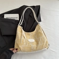 Yellow and white jacquard woven shoulder bag with a white leather strap and fashion label - Yellow without Pendant