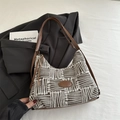Retro geometric woven tote bag with brown leather straps and fashion label detail - Coffee Without Ornament