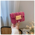 Primo piano dettagliato di una mini borsa fucsia in pelle scamosciata con catena dorata - Rosa