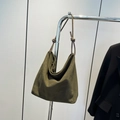 Olive green frosted suede tote bag with knotted cord straps for commute - Green
