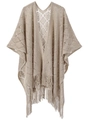 Women's beige crochet knit shawl featuring geometric hollow patterns and fringe tassels - Khaki