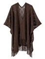Deep brown hollow knit shawl with geometric crochet patterns and fringe tassels - Brown