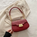 Deep red crocodile texture crossbody bag with gold buckle and metal chain handle - Red