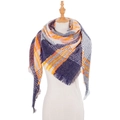 Multi-colored checkered scarf with fringe in orange, blue, and yellow for autumn - Gray