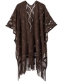 Châle en maille marron foncé avec motif losange ajouré et longues franges élégantes - Marron