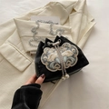Black velvet drawstring bucket bag with Chinese style cloud embroidery and pearl charms - Black