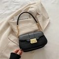 Fashionable black faux crocodile skin small square shoulder bag with gold hardware - Black