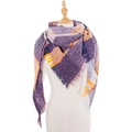 Women's thick plaid scarf shawl in deep purple and orange check with fringe trim - Purple