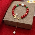 Beaded bracelet with red agate, green jade, and pearls featuring a golden OT toggle clasp - Red Pearl OT Buckle Bracelet (D-110)