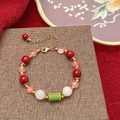 Chinese style beaded bracelet with red agate, pink crystal and green jade stones - Red Pearl Bracelet (D-109)