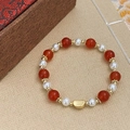 Elegant beaded bracelet with red agate beads, white pearls, and a gold heart pendant - Red Agate Pearl Bracelet (D-61)