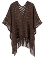 Poncho crocheté marron foncé pour femme avec col en V, motifs ajourés et franges - Marron