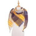 Plaid knitted scarf for women with orange blue yellow check pattern and long tassels - Yellow