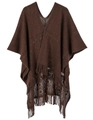 Poncho tricoté marron foncé pour femme avec franges et détails ajourés élégants - Marron