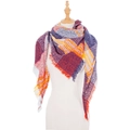 Women's multicolored plaid triangle scarf with fringe on a white mannequin - Red