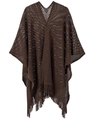 Women's dark brown hollow out knit shawl featuring elegant v-neck and fringe hem - Brown