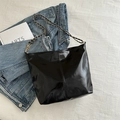 Large black patent leather tote bag with vertical stitching and chain strap - Black