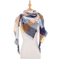 Plaid shawl scarf with orange and blue color block patterns and fringe edges - Navy Blue