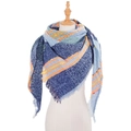 Women's plaid triangle scarf shawl in navy blue with orange and yellow stripes and fringes - Blue