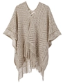 Châle en tricot beige évidé avec pompons et motifs géométriques style bohème - Kaki