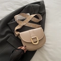 Beige leather saddle bag with gold U-shaped buckle and stylish wide fabric strap - Khaki