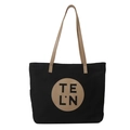 Minimalistische schwarze Canvas-Tasche mit khakifarbenen Ledergriffen und Logo-Patch - Horizontales Schwarz