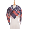 Plaid knitted shawl scarf in navy, orange, and beige with fringe edges - Navy Blue (SJ2-01)