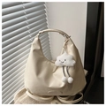 Detail of hobo bag in cream faux leather with cute cloud plush charm and metal logo - With Pendant / White