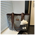 Detail of grey canvas tote bag with brown leather trim and cute white cloud charm - With Pendant / Blue