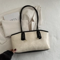 Chic cream tote bag with black straps and gold fashion lettering for women - White Without Pendant