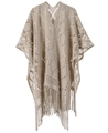 Châle en tricot ajouré beige avec pompons et motif géométrique de diamants - Kaki