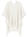 Châle gilet blanc en maille bohème avec motifs ajourés et élégantes longues franges - Blanc Cassé