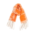 Detailed view of fluffy orange and white striped jacquard scarf with soft tassel edges - 185cmx40cm / Orange