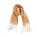 Detail view of thick orange knit scarf featuring beige stripes and long chunky tassels - 185cmx40cm / Camel