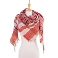 Women's plaid tassel shawl in classic orange red and blue checkered loop yarn fabric - Red (SJ2-06)