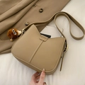 Beige minimalist shoulder bag with matte leather finish and brown plush charm - With Pendant / Khaki